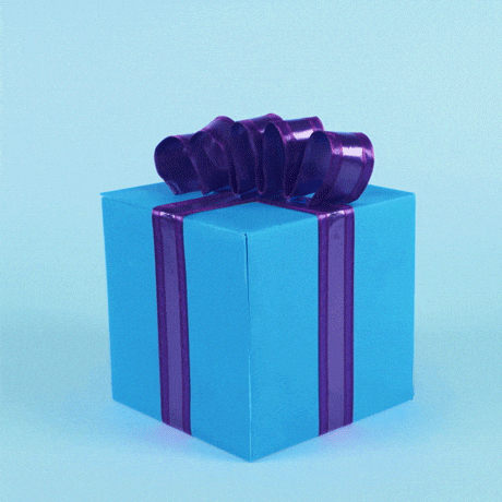 Video gif. A blue present with a purple ribbon wraps itself then unwraps itself to reveal a red floating heart in the middle.