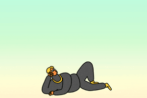 Cartoon gif. A cartoon person lounges on their side and points up as balloonish letters appear above them. Text, "Nah."