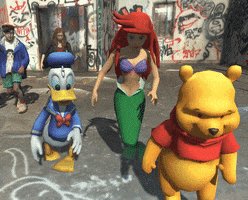Digital art gif. Animated Daffy Duck, Ariel, and Winnie the Pooh dance together in front of a graffitied wall. 