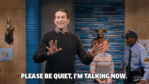 shut up, be quiet, comedy bang bang, scott aukerman, cbbtv, center of  attention, please be quiet, im talking now – GIF