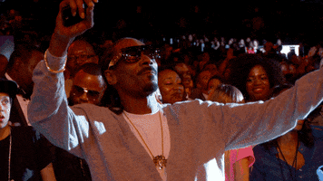 Celebrity gif. Snoop Dogg is in the audience at the BET awards and he's dancing with both arms spread open. He moves slightly from side to side with his sunglasses on, enjoying the performance.
