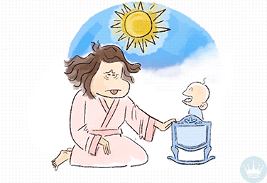 Pohyblivé kreslené gif přání k narození dcery s unavenou maminkou houpající miminko v kolébce dnem i nocí.
