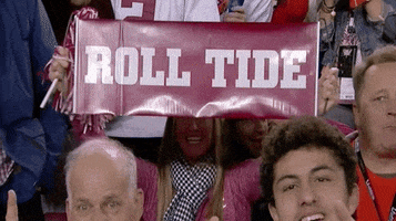 Sports gif. University of Alabama football fan in the stands unravels and ravels a foldable sign that reads, "Roll tide."