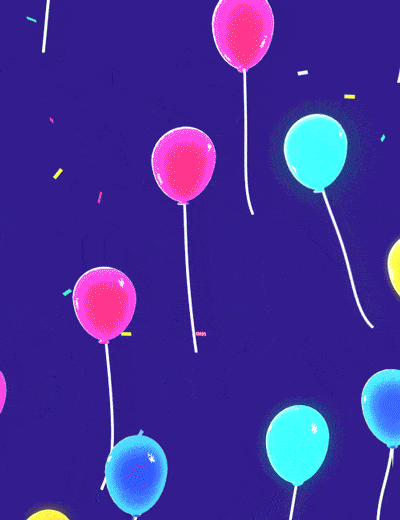 Kreslený pohyblivý gif s létajícími barevnými nafukovacími balónky a padajícími konfetami. 