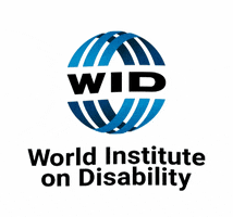Digital art gif. World Institute On Disability logo, blue bridges forming an abstract globe containing the letters W I D, waves like a flag against a white background.
