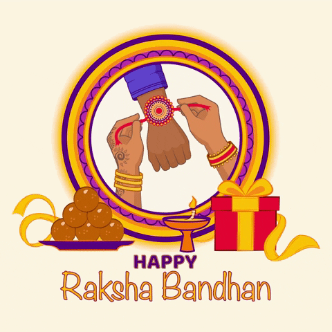 Digital illustration gif. Circular frame shows a pairs of hands tying a raksha bandhan bracelet around a wrist. A plate of chocolates, a candle and a gift sit in front of the frame. Text, "Happy Raksha Bandhan."
