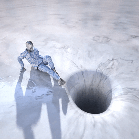 a robot in a patterned blue suit on a marble floor infinitely crawling away from a black hole eating everything