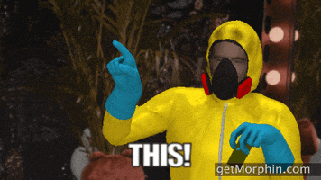 Digital art gif. A man is placed inside of a bright yellow computer-generated hazmat suit complete with respirator. He's repeatedly pointing the finger of his blue-gloved hand. Text, This!