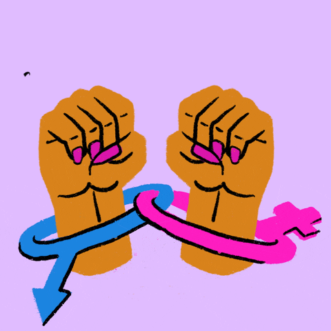 Illustrated gif. Pair of hands on a lavender background break free of handcuffs made out of the symbol of Venus and the symbol of Mars.