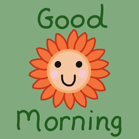 Illustrated gif. Smiling orange sunflower's face tilts left and right, in between the two words, "good morning."