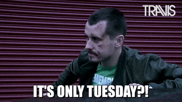 Celebrity gif. With a scuffed up face, Neil Primrose pushes himself up while shaking his head and frowning, glancing behind him. Text, "It's only Tuesday?!"