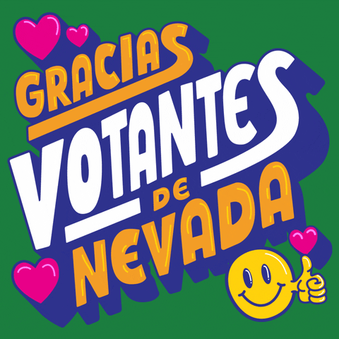 Digital art gif. Tangerine 3D bubble letters with blue-purple shadowing bob in and out on a grass green background, surrounded by hot pink hearts and a smiley face giving a thumbs up. Text, "Gracias votantes de Nevada."