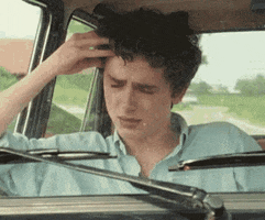 Movie gif. Timothée Chalamet as Elio in Call Me By Your Name. He's sitting in the passenger seat of a car and he's trying to hold in his emotions. He breaks down, rubbing his head and crying into his hand.