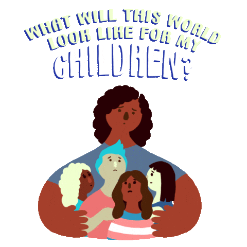 Digital art gif. Worried mother holds four children in her arms against a transparent background. Text, “What will this world look like for my children?”