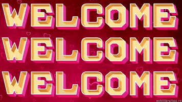 Text gif. The word, "Welcome," is repeated 3 times on a red background. The word gets filled in slowly and the color slowly transfers down to each word, ombré style.