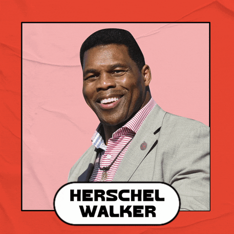Photo gif. Make America Great Again hat adheres to a smiling photo of Herschel Walker framed in pink against an orange background. A stamp appears next to him that reads, “Is a Trump Republican.”
