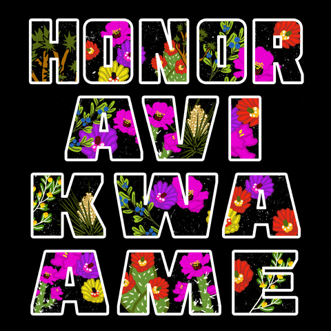 Text gif. White outlined text on a black background is filled with illustrations of Joshua trees as well as fuchsia, magenta, red, and yellow flora. Text, "Honor Avi Kwa Ame."