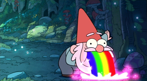 A cartoon garden gnome, vomiting a rainbow whilst leaning against a tree. The rainbow ends in a metallic pink when it hits the floor.