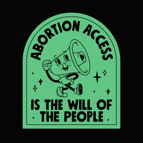 Digital art gif. Within a green half-moon-shaped window against a black background, a smiling and shouting megaphone marches and pumps its fist in the air. Text, “Abortion access is the will of the people.”