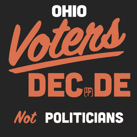 Digital art gif. Persimmon red signwriting font on a charcoal background, a fist in the place of the I. Text, "Ohio voters decide, not politicians."