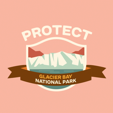 Digital art gif. Inside a shield insignia is a cartoon image of a giant white glacier in front of a beautiful pink-tinged sunset sky. Text above the shield reads, "protect." Text inside a ribbon overlaid over the shield reads, "Glacier bay National Park," against a pale pink backdrop.