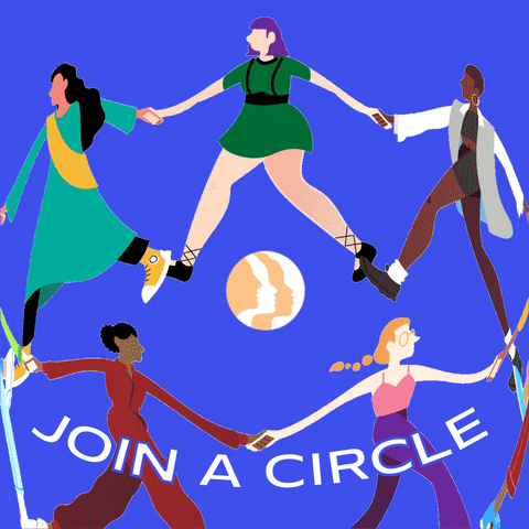 Digital art gif. Illustrations of abstract women holding hands and joyfully walking in a circle around a logo of the Women's March, all against a blue background.