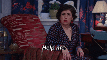 TV gif. Mayim Bialik as Kat on Call Me Kat sits in an armchair in a living room, leaning forward. She looks seriously, straight at us, and says, "Help me."