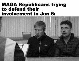 Video gif. Caption at the top reads, “MAGA Republicans trying to defend their involvement in Jan 6.” Below is a black-and-white scene of Foil Arms and Hog’s Sean Finnegan and Sean Flanagan answering questions during an interrogation as they look at each other and say, “Deny, deflect, shrug shoulders.”