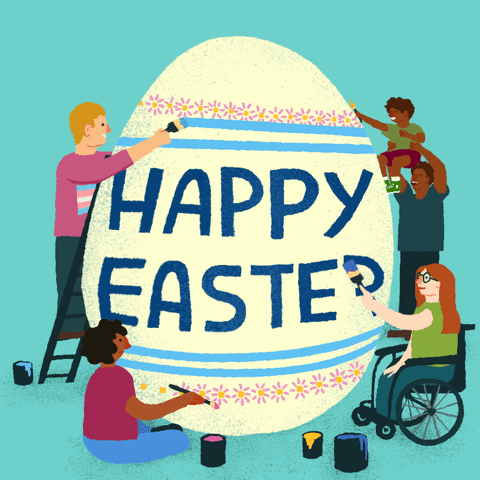 Illustrated gif. Diverse folks including a child on an adult's shoulder and a person using a wheelchair decorate a jumbo egg in front of an eggshell blue background. They paint sky blue stripes, pink flowers, and text that reads, "Happy Easter."