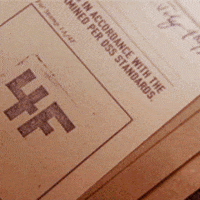 Movie gif. Chris Evans as Steve Rogers in Captain America stands shirtless, looking stunned. We then see an official military file that is stamped, “4F.”