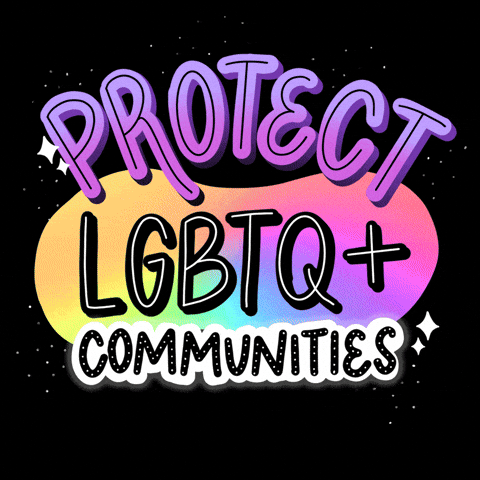 Digital art gif. Big, bubble letters in purple and black backed by a rainbow oblong shape spell out "Protect L-G-B-T-Q-plus communities," against a black background.