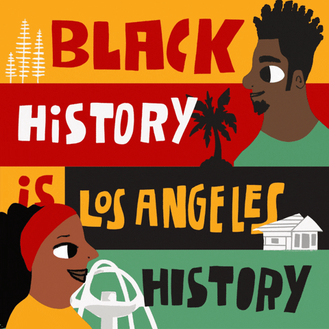 Text gif. Profile bust of a Black man with a goatee, a profile bust of a Black woman with a headband, palm trees, and LA architecture embellish the message "Black history is Los Angeles history," in alternating Rasta colors.