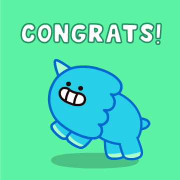 Zelená kreslená pohyblivá animace s modrým jednorožcem a nápisem Congrats!