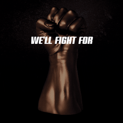 Digital art gif. Chocolatey-bronze raised fist of solidarity spins as if on a lazy susan display, bold shiny text reminiscent of the Fast and the Furious logo rolls in and glistens. Text, "We'll fight for, financial, freedom."
