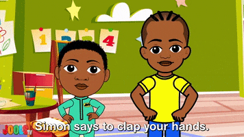 Cartoon gif. Jhy and Jett from Jools TV. They're standing in a preschool and dance in sync before clapping their hands. Text, "Simon says to clap your hands."
