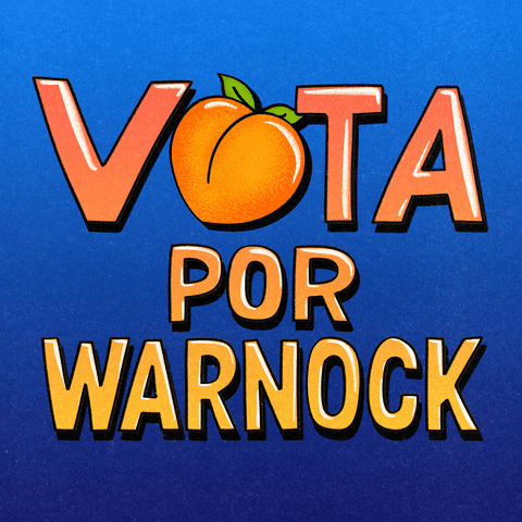 Text gif. Peachy bubble letters, including an actual peach in place of the O, on a bold blue background. Text, in Spanish, "Vota por Warnock."