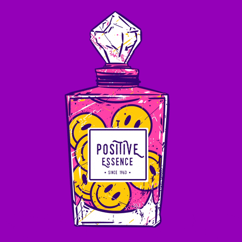 Cartoon gif. Classic yellow smiley faces bounce inside an antique crystal perfume bottle labeled "Positive Essence since 1963."