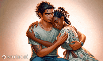 Digital art gif. A realist artistic animated illustration of a man in a green shirt and blue jeans warmly embracing a woman in a floral dress, as she rests her head on his shoulder with her arms wrap around his chest. They both have their eyes closed contentedly. 