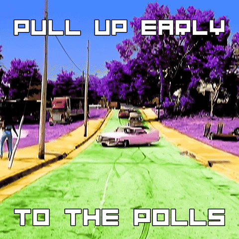 Digital art gif. Video of a low rider speeding and fishtailing into a small parking lot colored to negative and neon, surrounded by a square hip hop font that reads, "Pull up early to the polls."