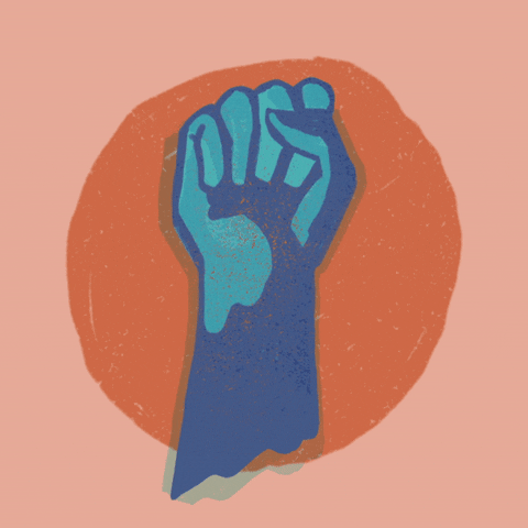 Digital art gif. Blue fist pumps up and down over a peach background behind the capitalized message, “No backing down.”
