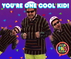 Ad gif. An ad for Pizza Pals Playzone. A man wears a pink helmet and sunglasses and lifts his arms out in astonishment. There are three of him, all identical, and they're all making faces of faux shock. Text, "You're one cool kid!"