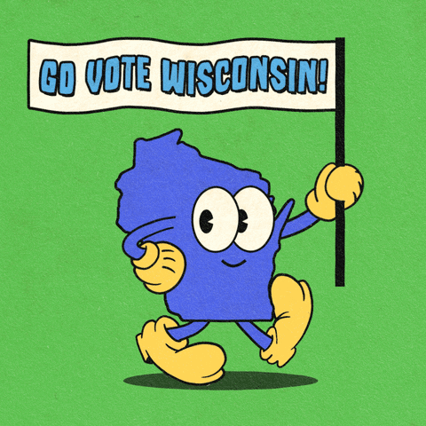 Digital art gif. Blue shape of Wisconsin smiles and marches forward with one hand on its hip and the other holding a flag against a lime green background. The flag reads, “Go vote Wisconsin!”