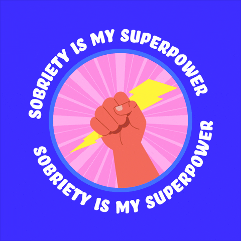 Digital art gif. Inside a pink and blue circle, an illustration of a pink hand clutches a bright yellow lightning bolt in its fist. Text around the outside of the circle reads, "Sobriety is my superpower," all against a blue background.
