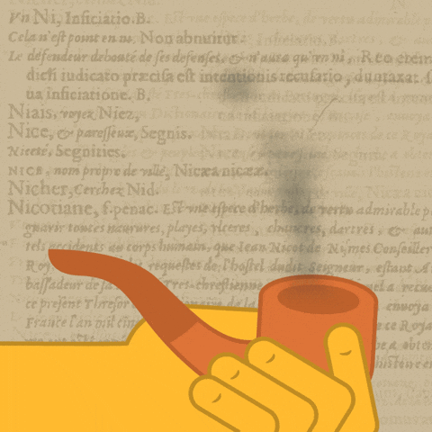 Illustrated gif. In front of a background of an old dictionary page, a yellow hand holds a pipe as smoke emerges from the bowl, forming the lowercase letter N, which then dissipates.