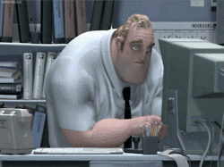 Mr. Incredible typing on his computer sitting at his desk.