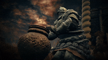 Video game gif. A character from Elden Ring stands in front of a large vase and looks up from it.