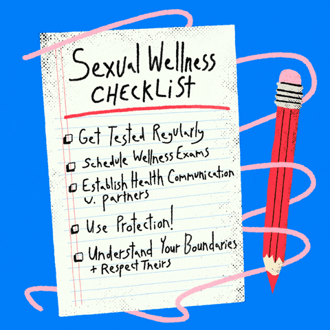 Digital art gif. Handwritten checklist on a cornflower-blue background surrounded by a swirling doodle and an oversized red pencil, each box is checked off with a red checkmark. Text, "Sexual wellness checklist, Get tested regularly, Schedule wellness exams, Establish health communication with partners, Use protection, Understand your boundaries and respect theirs."