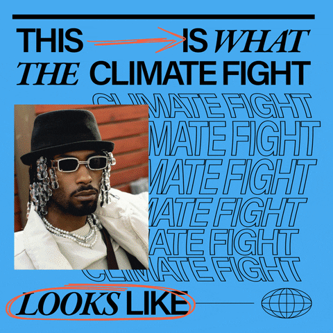 Digital art gif. Black stylized text in italics and waves on a blue background, photos of young hip BIPOC of all kinds rotate through beside. Text, "This is what the climate fight looks like."