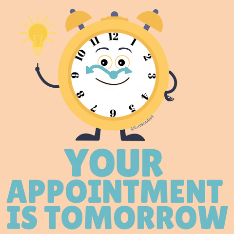 DESCRIÇÃO DA IMAGEM: animação de relógio alarme sorridente com ponteiros girando com os dizeres "Your appointment is tomorrow" mudando de cor na tela.