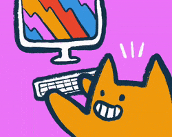 Digital art gif. A smiling cat at a computer pounds a keyboard continuously.